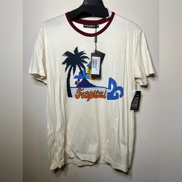 DOLCE & GABBANA "Tropical" Printed Ivory Cotton T-shirt Sz 46 IT/10 US - Picture 5 of 12